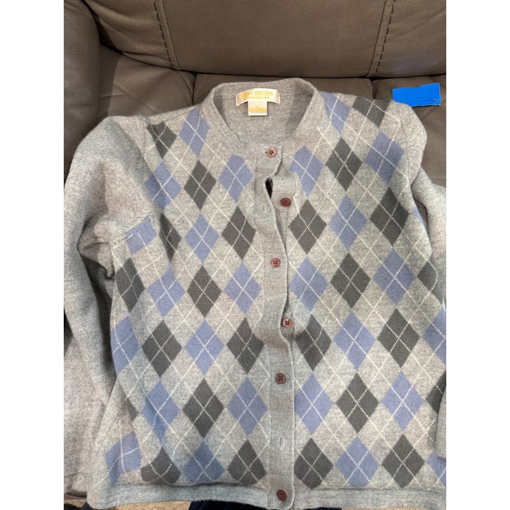 Brooks Brothers Womens Grey Argyle 100% Merino Wool Button Front Cardigan M
